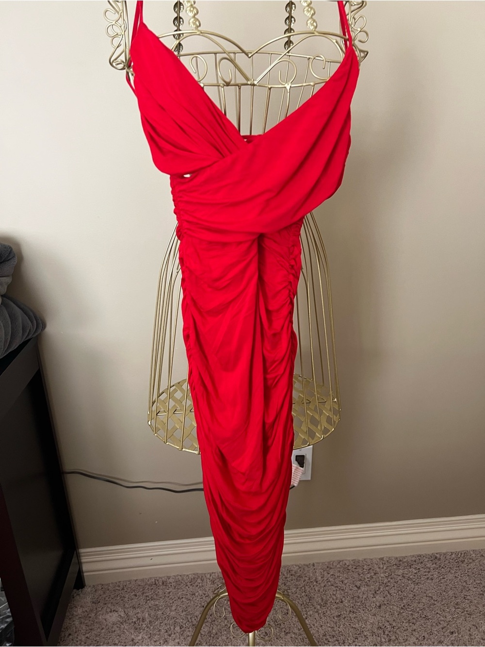 Bailey 44 Red Ruched Midi Dress with Spaghetti Straps